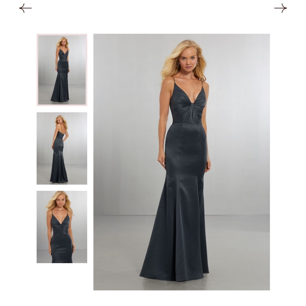 Mori Lee 21569 V-Neck Satin Bridesmaid Dress Navy